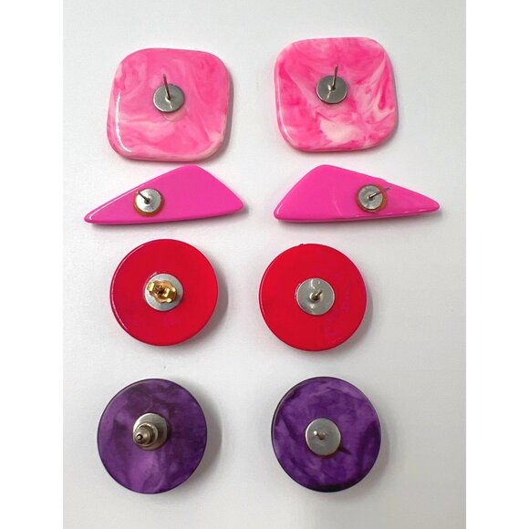 4 Items Earrings Pierced Square Triangle Circle Pink Red Purple Gold Black - Picture 2 of 6
